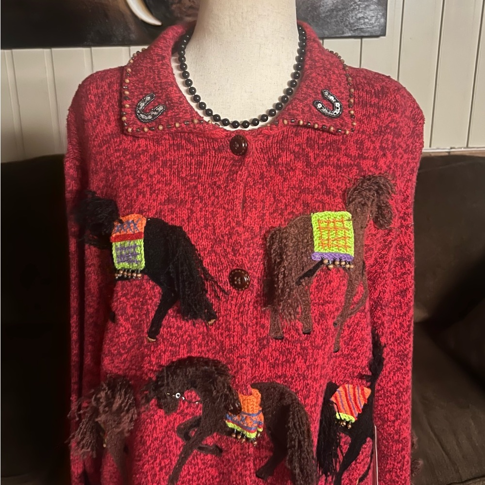 Designs Options By Gordon ~ X-Large ~ Red/Brown ~ Western/ Horse ~ Sweater ~ New - Picture 4 of 16